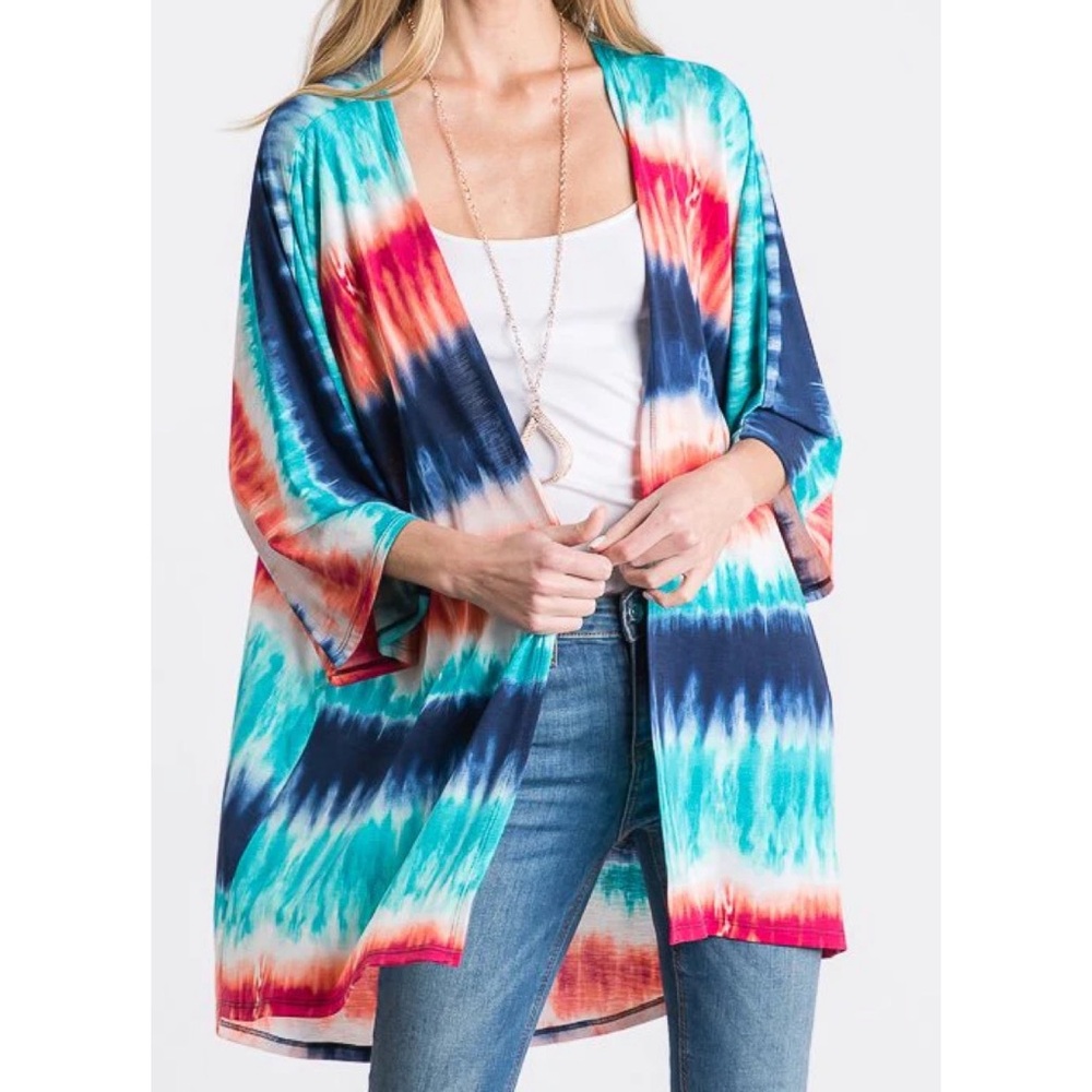 Heimish USA THREE QUARTER SLEEVE MULTICOLOR TIE DYE PRINT KIMONO OPEN CARDIGAN